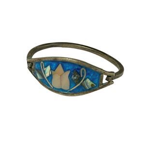 Vintage Mexican alpaca blue and silver tone mother of pearl bangle bracelet